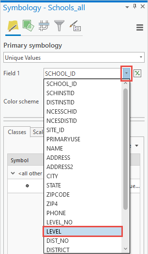 Selecting the LEVEL field for the Field 1 option in the Symbology pane