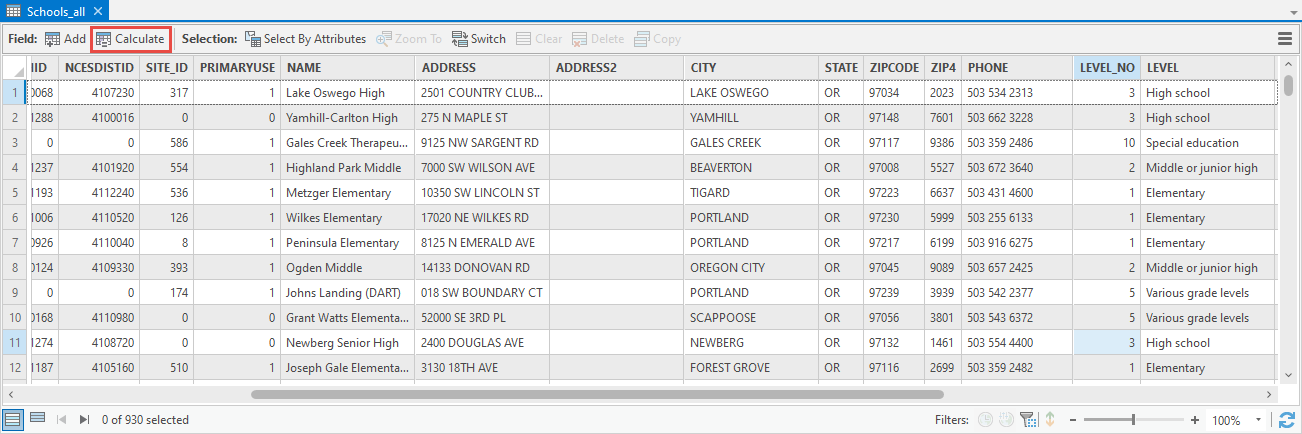 The location of the Calculate icon in the feature class attribute table pane