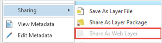 The Contents pane showing the Share As Web Layer option disabled.