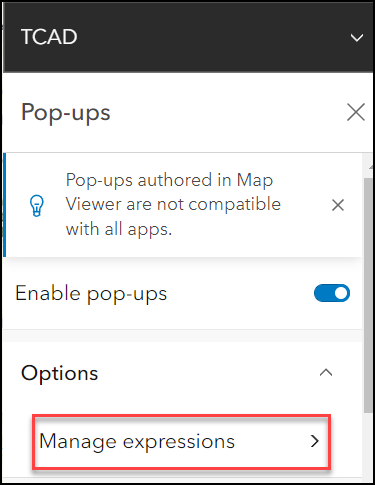 Click the Manage expressions option under Options in the Pop-ups pane.