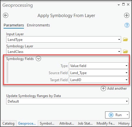 The Apply Symboly From Layer Geoprocessing pane, to match the fields.