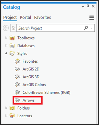 The ArcGIS Project tab showing the Arrow custom style in the Styles container.