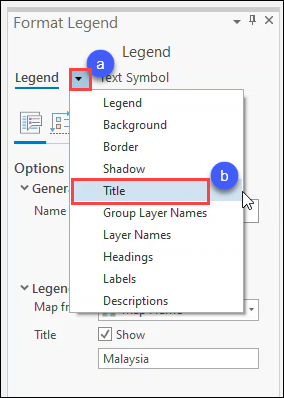 In the Format Legend pane, customize the appearance of the legend title only by clicking the down-arrow located next to Legend (Step 3a), and select Title on the drop-down menu (Step 3b).