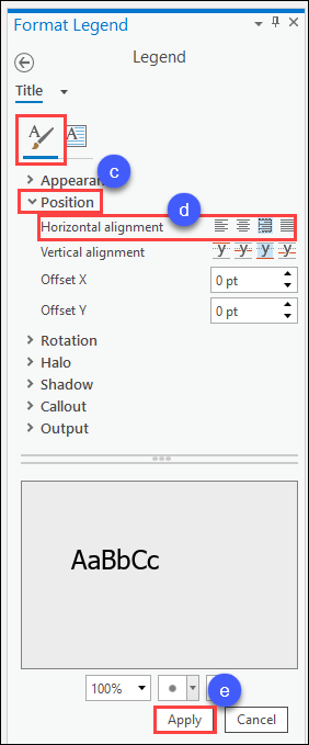 Change the alignment of the legend title by expanding the Position section in the Format Legend pane (Step 3c), select one of the four available options for the Horizontal alignment section (Step 3d). Click Apply at the bottom-right corner of the pane to apply the changes to the legend title (Step 3e).