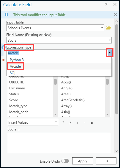The steps for changing the expression type of the Calculate Field tool in ArcGIS Pro.