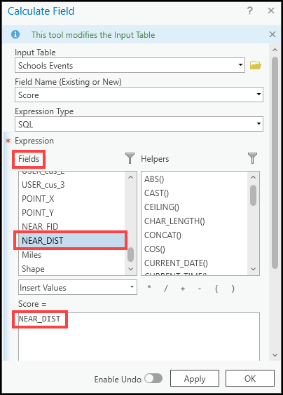 The method on how to add field names to the Expression box from the Fields list in the Calculate Field tool in ArcGIS Pro.