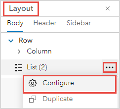 The Layout pane in ArcGIS Dashboards showing the Configure option.