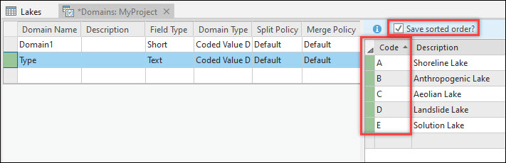 The Domains view showing the code values are sorted in ascending order and the 'Save sorted order' box is checked.