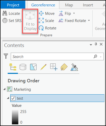 The Fit To Display tool is not available in the Georeference toolbar in ArcGIS Pro.