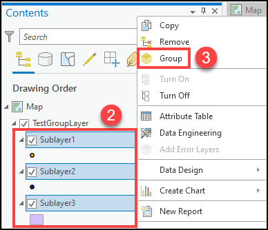 The Contents pane with the sublayers and the drop-down menu in ArcGIS Pro.
