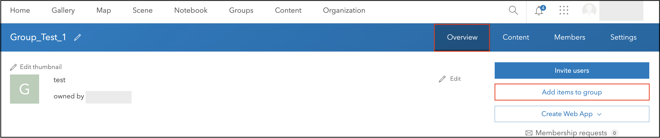 The group's Overview page displaying the sharing option for group managers.