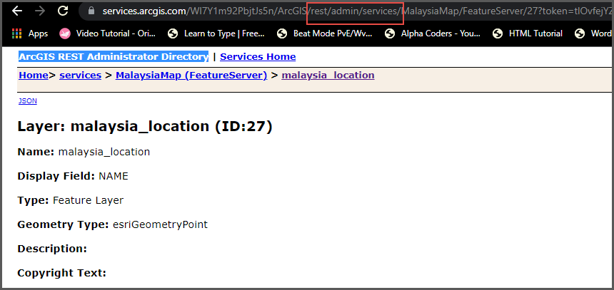 The address bar for ArcGIS REST Services Directory admin access
