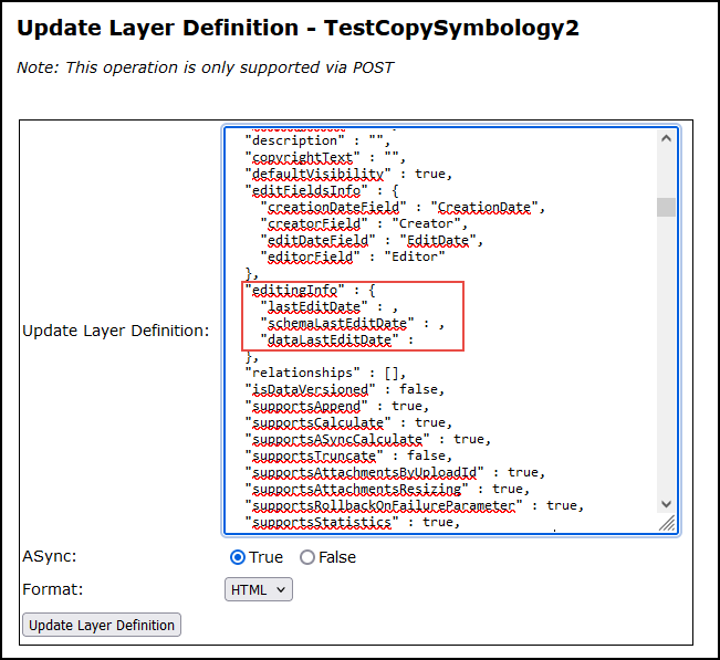 The deleted values from the parameters in the Update Layer Definition text box