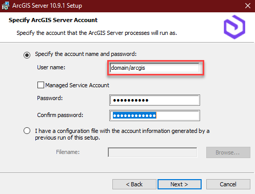 The ArcGIS Server 10.9.1 installer window with the right format in User name section