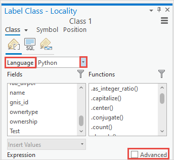 On the Label expression tab, select Python as the expression language, and check the Advanced check box located below Function.