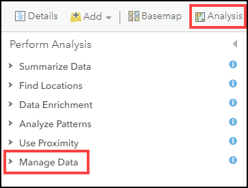 The Manage Data option under the Analysis tab in Map Viewer Classic.
