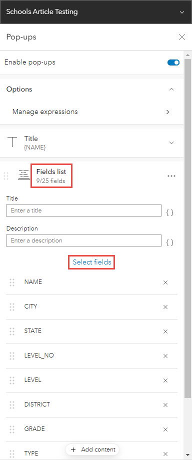 The Map Viewer Pop-up expressions pane displaying the location of the Fields list section