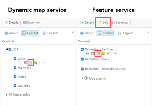 The Contents pane in Map Viewer Classic with the Change Style functions available when a dynamic map service or a feature service is added to the web map. The Edit function is available on the ribbon for the web map with a feature service added.