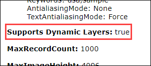 The Supports Dynamic Layers section of the map service in the ArcGIS REST Services Directory.