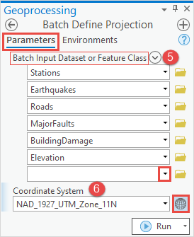 In the Batch Define Projection, the datasets are listed under Batch Input Dataset or Feature Class and the coordinate system is specified.