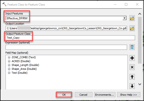 The Feature Class To Feature Class window with the option to select the original feature layer and fill in a new name.