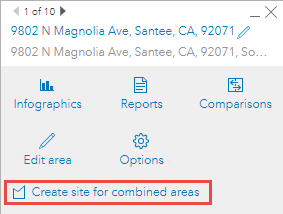 The Create site for combined areas pop-up window in ArcGIS Business Analyst Web App