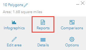 The Reports in the pop-up window in ArcGIS Business Analyst Web App