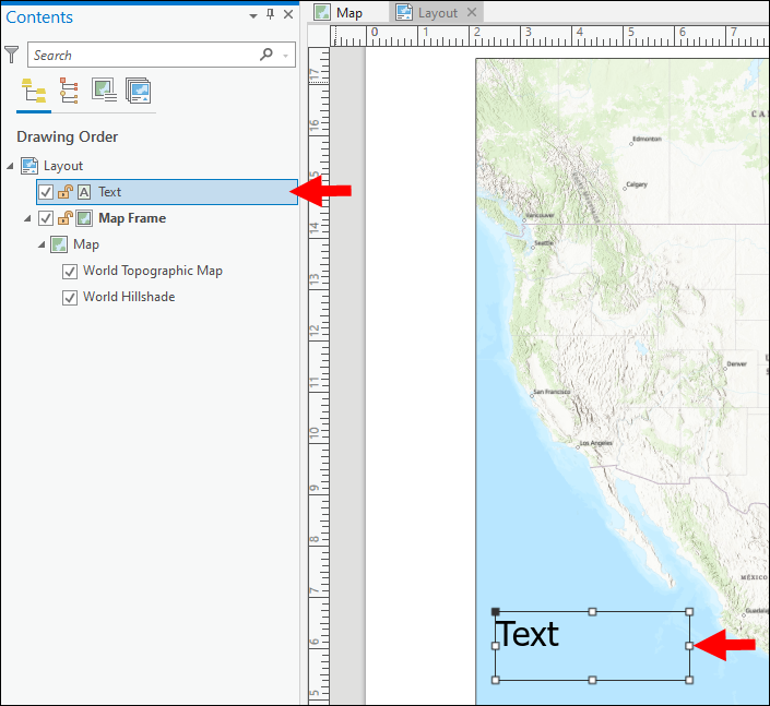 Text layer showing at the top of Drawing Order list with the text appearing on the map