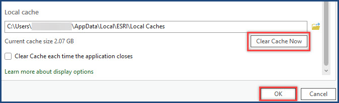 Clear cache box and OK button under Local cache section