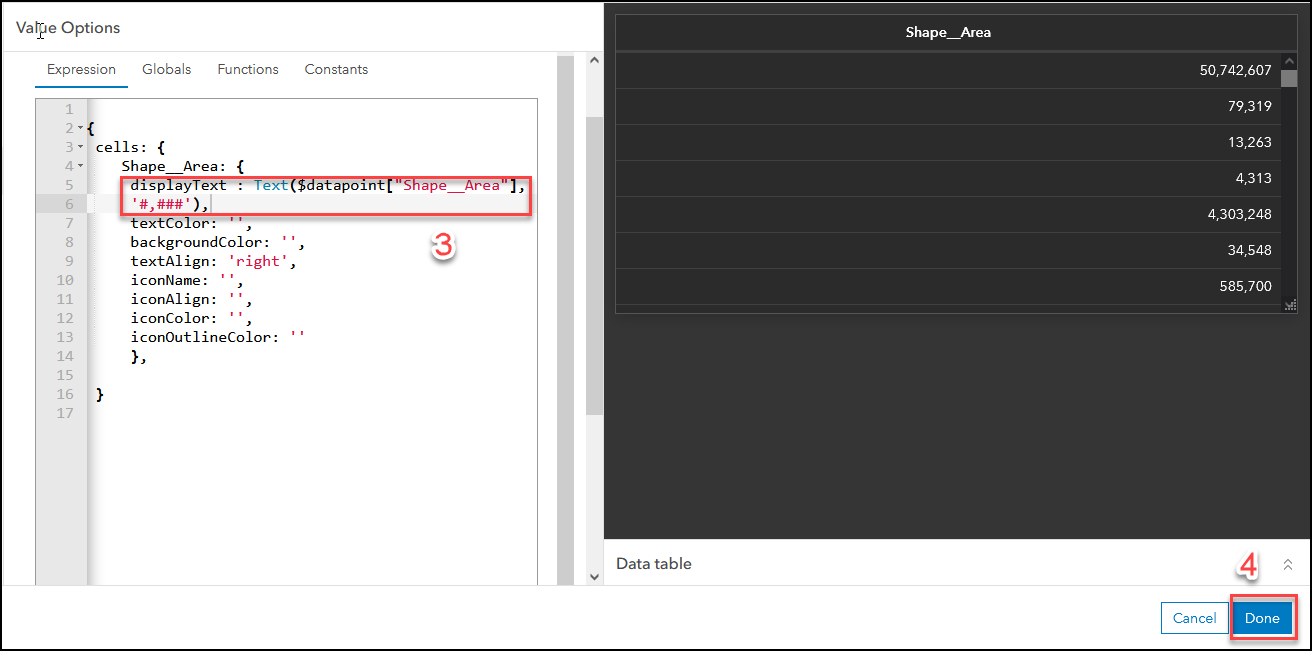 Specifying the Arcade expression in the ArcGIS Dashboards Expression window