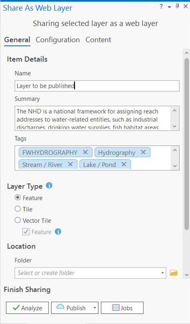 Sharing selected layer as a web layer automatically populates the layer's metadata in the Share As Web Layer pane.