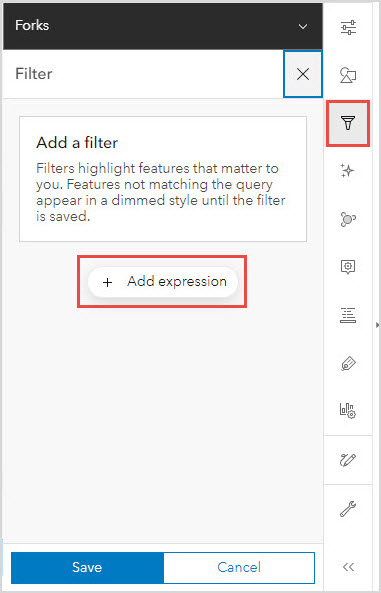The Filter pane for the Forks sublayer with the Add expression option.