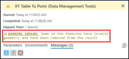 A warning message is returned when running a .csv file in the XY Table To Point tool.