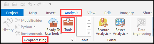 The Tools option in the Geoprocessing group of the Analysis tab in ArcGIS Pro.