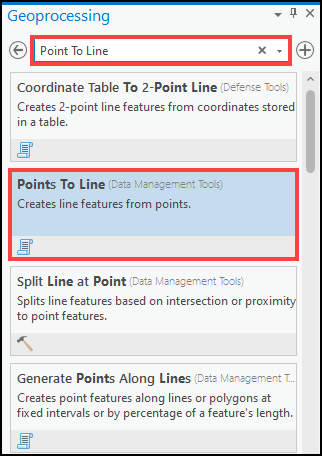 In ArcGIS Pro, type 'Point To Line' in the Find Tools search bar, and click the Point To Line tool in drop-down list in the Geoprocessing pane.