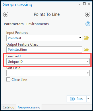 The Unique ID field is selected in the Line Field Parameter of the Point To Line geoprocessing pane in ArcGIS Pro.