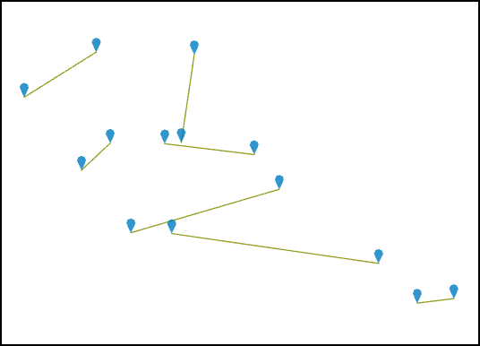 The line connections between two points created using the Display XY Data option and the Point To Line tool in ArcGIS Pro.