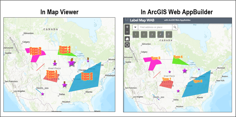 The Map Viewer and Web AppBuilder view of the labels.