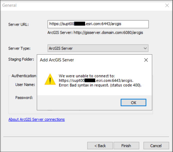 The error message when attempting to connect to ArcGIS Server in ArcMap