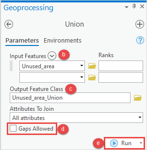 The Union geoprocessing pane and the parameters are Input Features, Output Feature Class, and Attributes To Join.