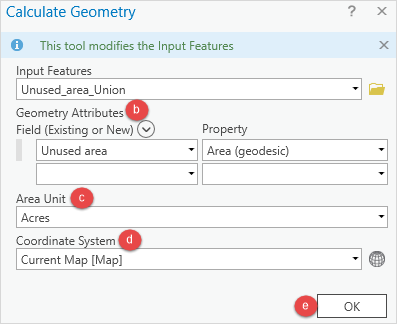 The Calculate Geometry window with the note stating that the tool modifies the input data.