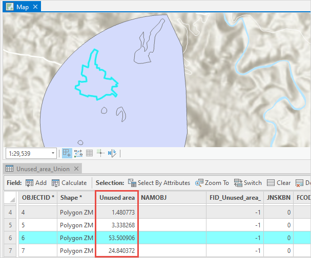 The new field created in the table indicating the are of the holes in the polygon in ArcGIS Pro.