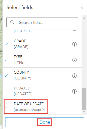 The Map Viewer Select fields pane to select fields to be displayed in the pop-up