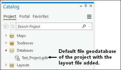The Catalog pane of a project with one default file geodatabase in the Databases folder.