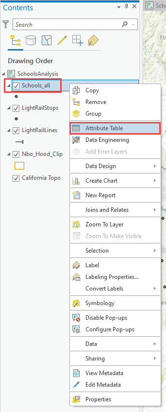 Selecting Attribute Table of a feature class in the Contents pane