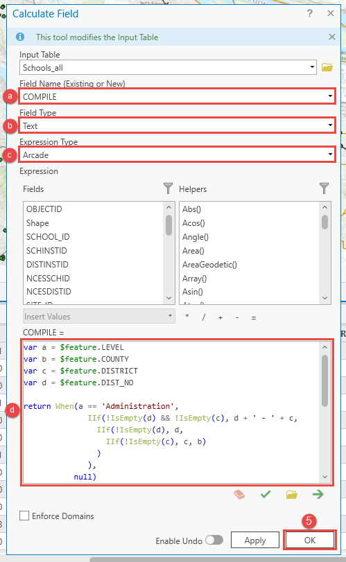 The Calculate Field pane with Field Name, Field Type, and Expression Type selected, and the expression added.