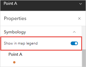 In the Properties pane, the 'Show in map legend' option is displayed when expanding the Symbology section.