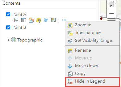 The 'Hide in Legend' option is displayed when clicking the More Options icon in the Contents pane.