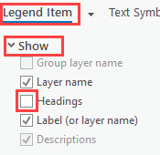 To remove the heading, uncheck the Heading option under the Show section under the Legend Item tab.