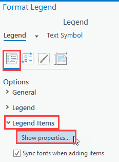 Select the Show properties option by expanding Legend Item on the Option tab